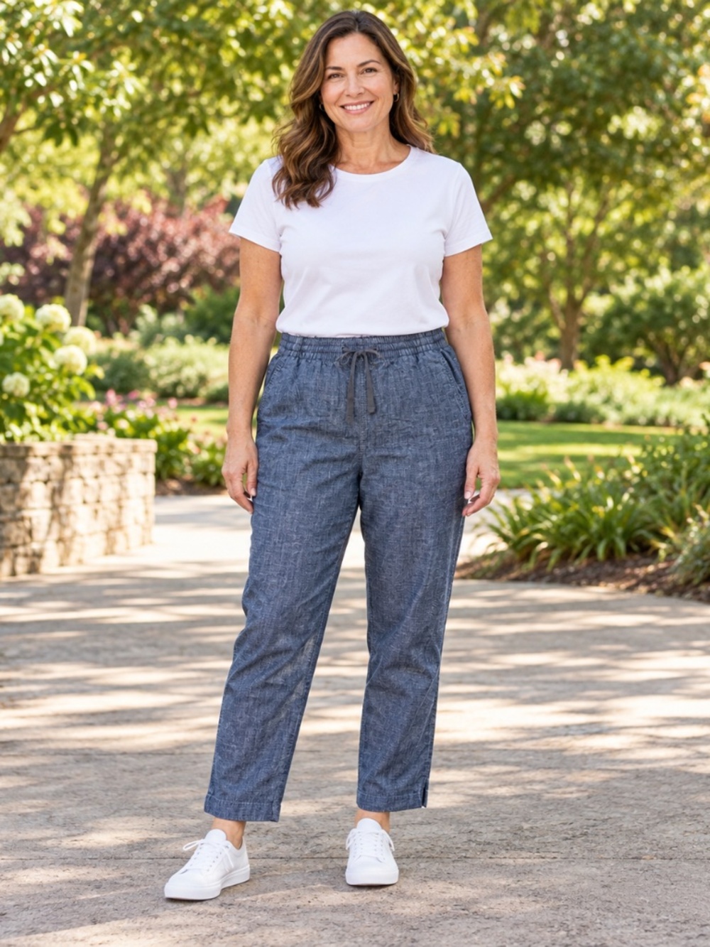 L.L.Bean Favorite Fit Blue Chambray Drawstring Ankle Pants Size 16 Regular